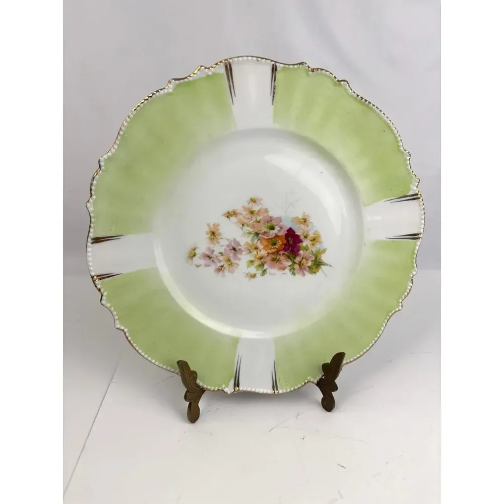 Antique Unmarked Hand Painted Porcelain Plate Green White Floral Gold Trim